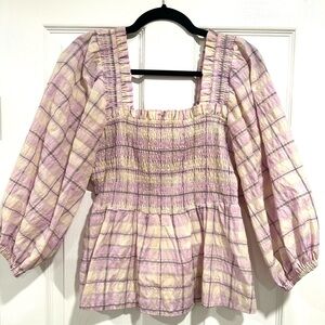 Ganni Smocked Check Blouse